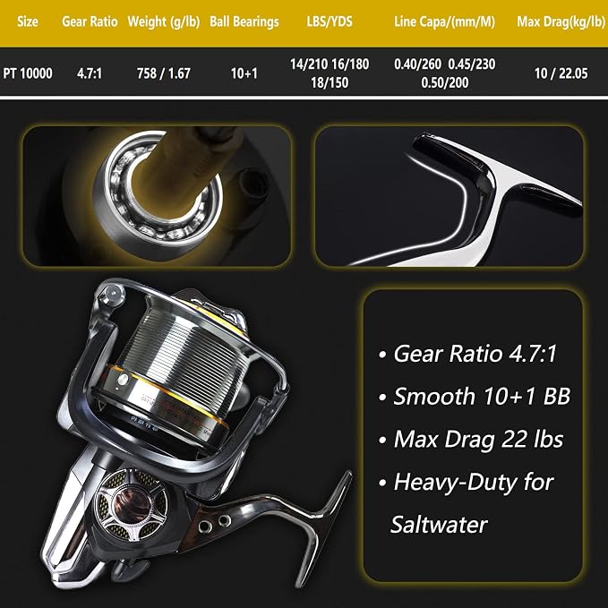 Fishdrops Surf Spinning Reel, Size 10000 12000 Saltwater Fishing Reels, Full Metal Frame 31 LBs Max Drag, 10+1 Stainless BB Ultra Smooth Powerful, High Capacity Long Casting Spinning Reels