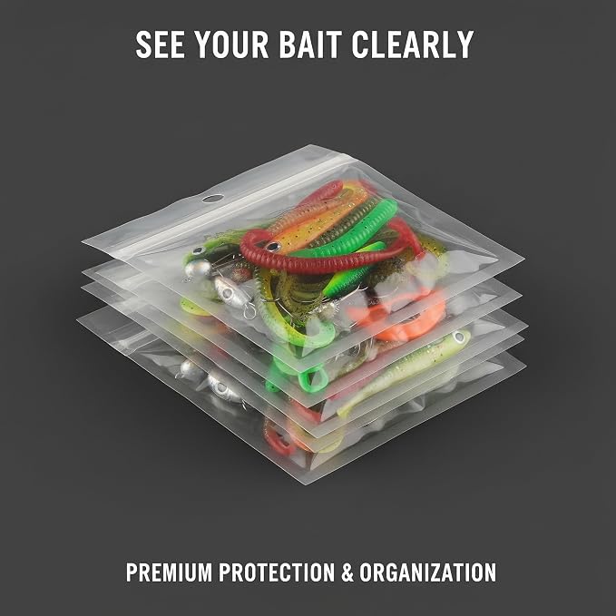 100 Pack Soft Plastic Baits Bags 6.7"x5.5" | Heavy-Duty Clear Lock Zipper Lure Packaging Bags - Leakproof Double-Sealed Zipper Storage for Soft Plastic Lures & Fishing Gear | Multiple Sizes