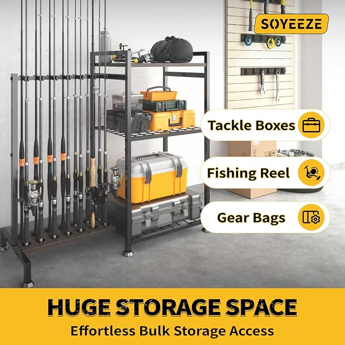SOYEEZE Fishing Rod Holder for 14 Rods, Ground Stand Fishing Pole Holders for Garage, 2-Sided Vertical Fish Rod Rack for Tackle Box, Fishing Supplies,a Display Fish Gear Storage Gift for Man