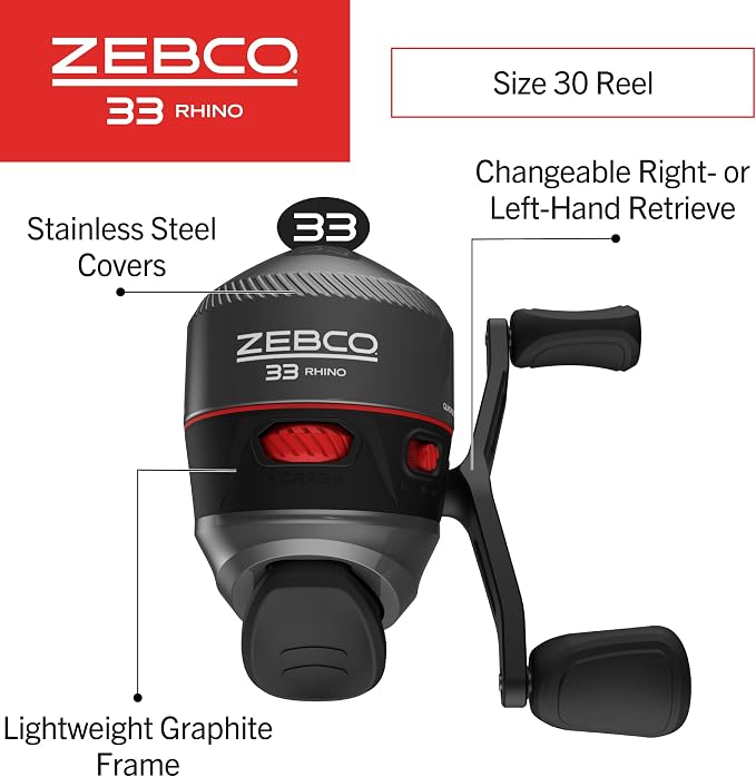 Zebco 33 Rhino Tough Spincast Reel and 2-Piece Fishing Rod Combo, Durable E-Glass Rod with ComfortGrip Handle, Quickset Anti-Reverse Fishing Reel with Bite Alert