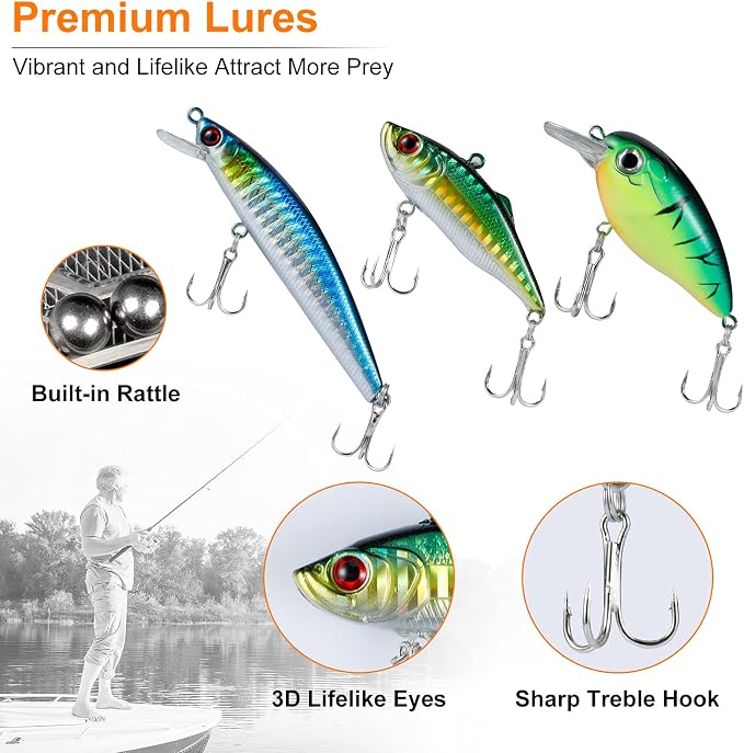PLUSINNO Fishing Lures Fishing Tackle Box Fishing Gifts for Men, Bass, Trout Fishing Accessories Kit for Saltwater & Freshwater Fishing Gear Including Topwater Lures, Hooks, Spinnerbaits