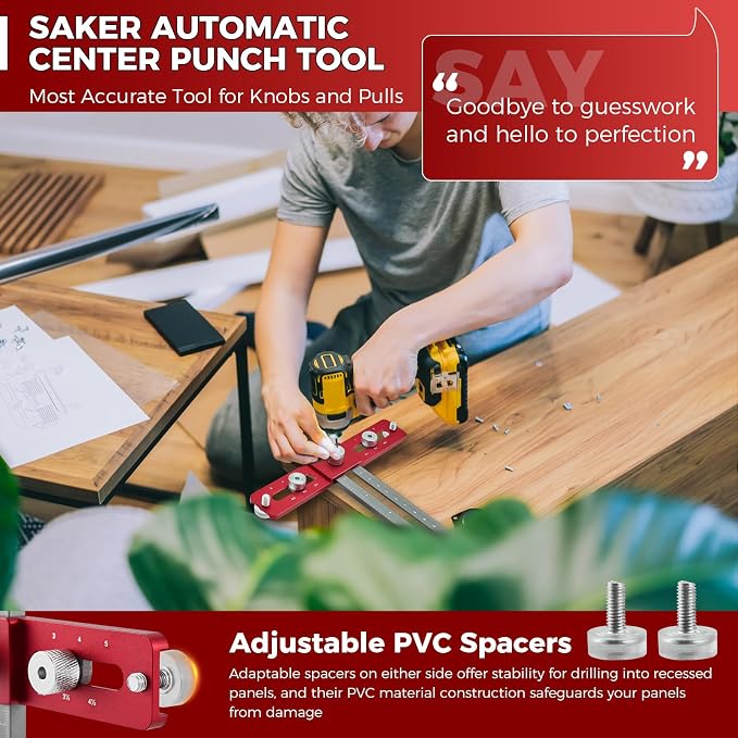 Saker Cabinet Hardware Doweling Jig - Cabinet Handle Template Tool for Knobs and Pull - Adjustable Self Centering Punch Locator Precise Woodworking Drill Guide (5" Jig Saw)