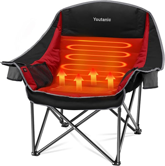 Youtanic Oversized Extra Large Heated Padded Camping Chair up to 500lbs, 3 Heat Levels Camp Chair with Carry Bag, Outdoor Heating Folding Chairs for Adults, Fishing, Sports, Picnic, Red-Black
