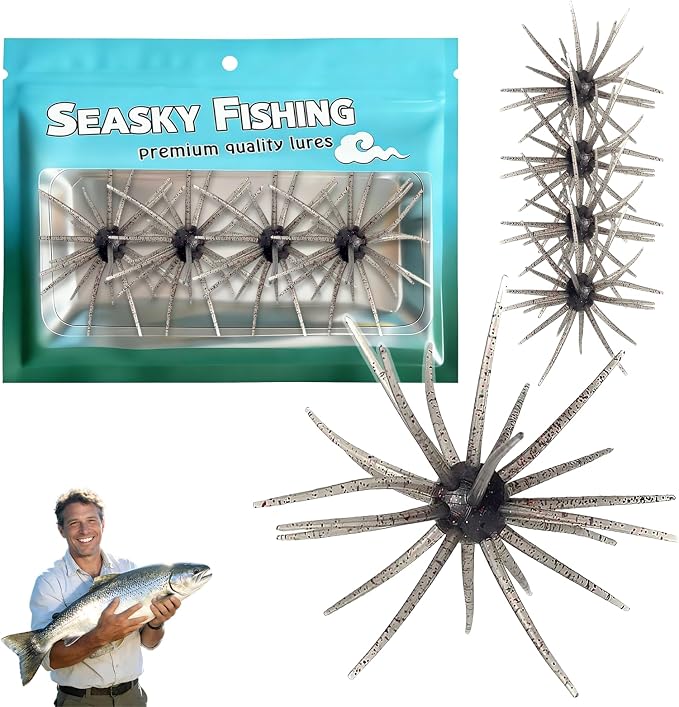 4Pcs Dice Bait, Floating TPR Swimbait with Reflective Stars,Tentacle Creature Lure, Sea Urchin Style Soft Plastic Baits, for Bass Fishing Drop Shot, Wacky Rig/Neko Rig and Finesse, Slow Sinking