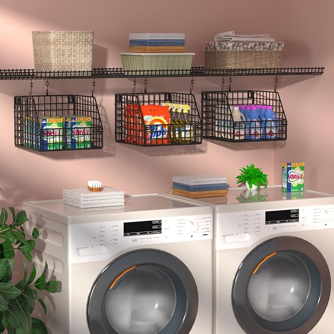 Larger & Deeper Hanging Storage Basket, Closet Organizers and Storage, Hanging Shelves Wire Baskets for Clothing Sweaters Purse Handbags Shoes Black 3 Tier