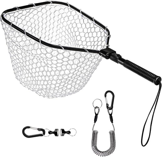 DEAYOU Fly Fishing Landing Net, Soft Rubber Mesh Bass Trout Net with Collapsible Handle and Magnetic Release, Folding Catch and Release Net for Freshwater, Fly Fishing Gear Accessories