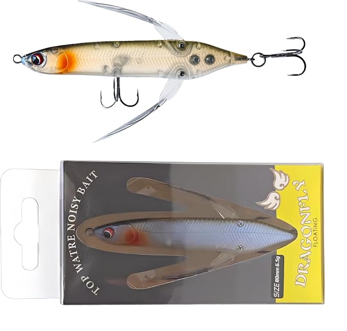 Topwater Crawler Walks On Water Dragonfly Big Bass Blow Ups Great Fishing Gift Great for Freshwater Fishing (Red Head & Silver Body)