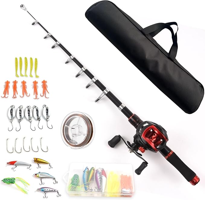 Lixada Fishing Rod and Reel Combo with Fishing Lures for Adult, 6.89ft/2.1m Telescopic Fishing Rod with Baitcasting Reel 18+1BB Right/Left Hand Portable Fishing Kits Complete for Fishing Trip