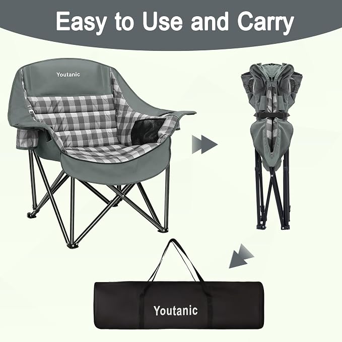 Youtanic Oversized Extra Large Padded Camping Chair, Heavy Duty 400 lbs Foldable Lawn Chair, Ergonomic Outdoor Seat with Plaid Design, Cup Holders & Storage Pockets for Fishing, Sports, Gray
