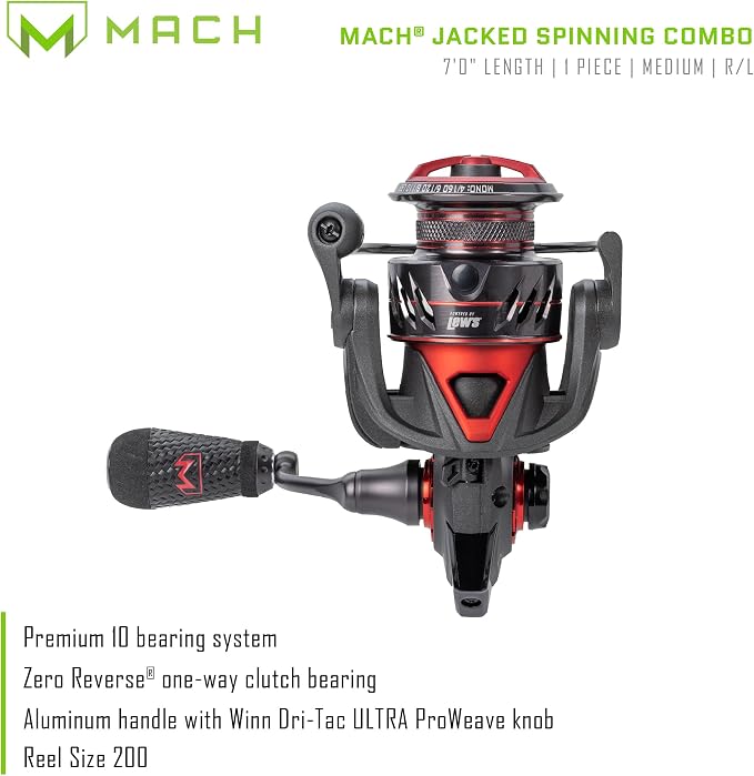 Lew's MACH Jacked Spinning Reel and Fishing Rod Combo, HM50 Graphite Rod, Tanso Tech Frame, Black/Red
