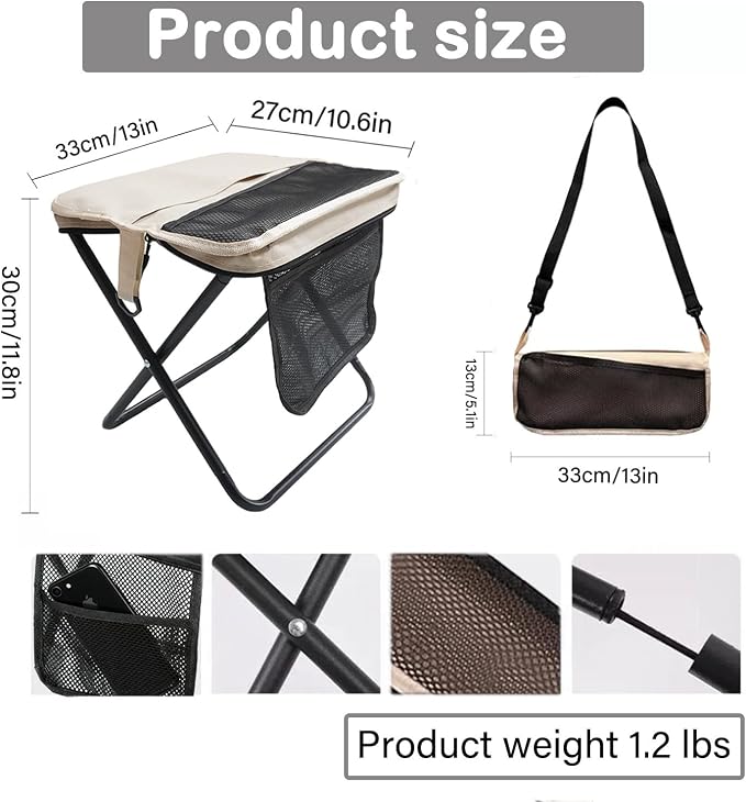 Portable Collapsible Stool, Large Camping Chair Supports 260 lbs, Adjustable Shoulder Strap Folding Stool, Ultralight Collapsible Stools with 3pcs storage bags for Hiking, Fishing, Outdoor (Khaki)