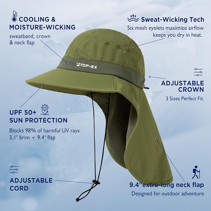 TOP-EX Cooling Sun Hat with Neck Flap – UPF 50+ Wide Brim Breathable Hat for Hiking, Fishing & Big Heads