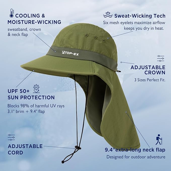 TOP-EX Cooling Sun Hat with Neck Flap – UPF 50+ Wide Brim Breathable Hat for Hiking, Fishing & Big Heads
