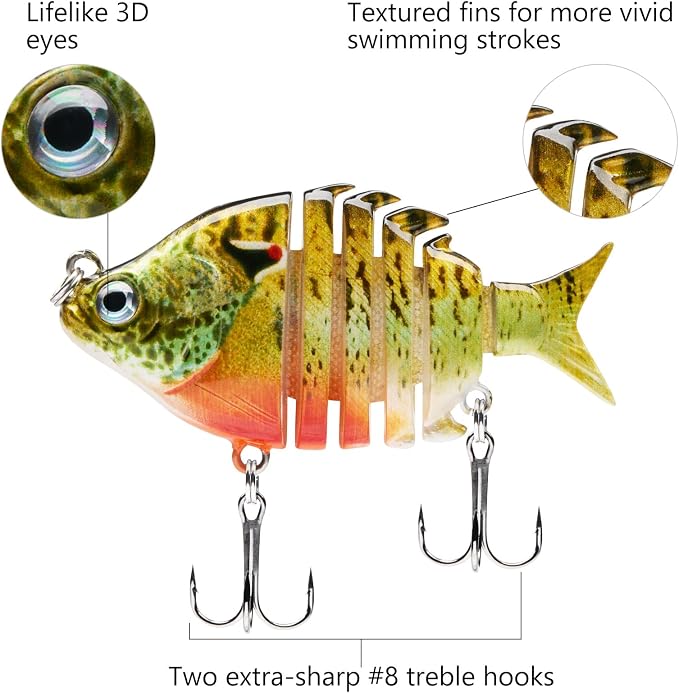 Bassdash SwimPanfish 0.34oz Hard Swimbaits Multi Jointed Topwater Trout Bass Fishing Crank Lure for Freshwater and Saltwater