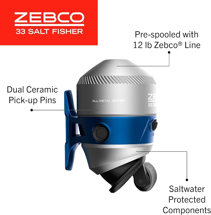 Zebco Salt Fisher 33 Spincast Reel and Fishing Rod Combo, 6-Foot 6-Inch 2-Piece Medium-Heavy Power, Moderate-Fast Action Fiberglass Rod, Interchangeable Retrieve, 12-Pound Line, Blue/Silver