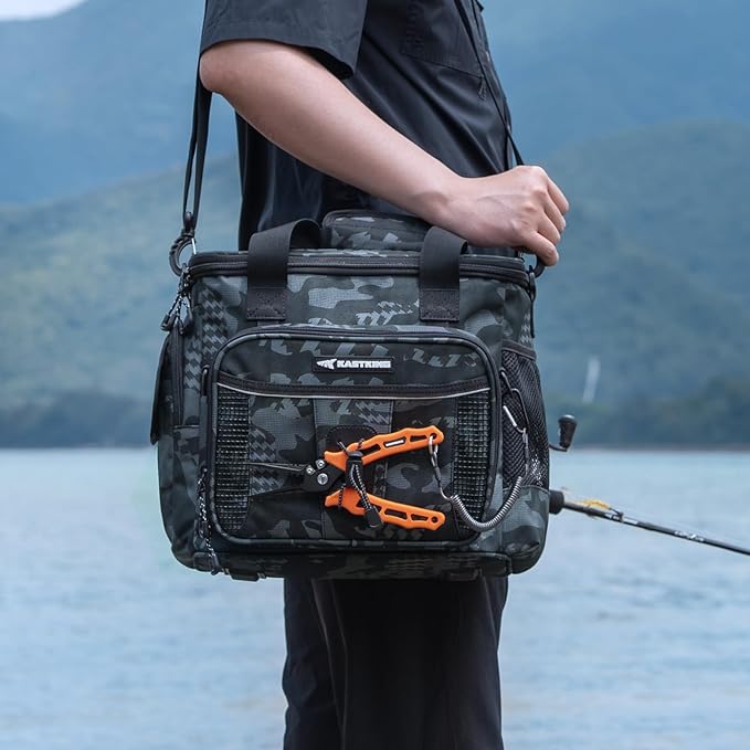 KastKing BaitSpace Fishing Tackle Bag With 4 Tackle Boxes & Removable Bait Binder, Water-Resistant Tackle Storage, Durable Fishing Gear, Adjustable Shoulder Strap