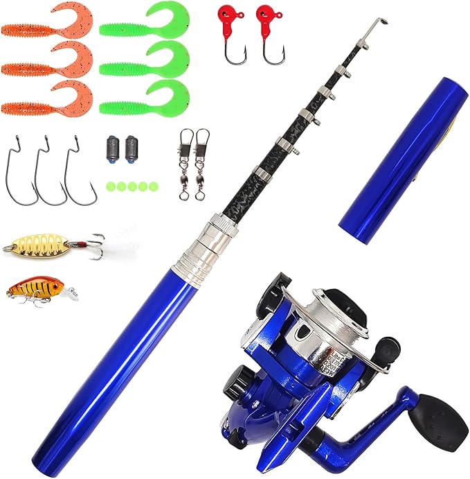 Portable Small Pen Fishing Rod Spinning Reel Combos, 38" 55" Compact Telescopic Fish Pole Kits for All Season Fishing in Rivers, Lakes, Ice, etc.