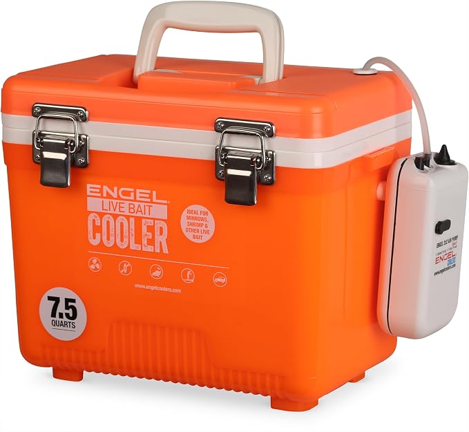Engel Live Bait Cooler Box with 2nd Gen 2-Speed Aerator Pump - Portable Fishing Station & Minnow Bucket for Shrimp & Other Live Fish with Aerator - ENGLBC-N