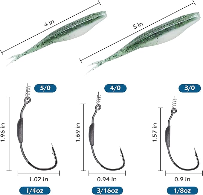 Fishing Bait Soft Plastic Lures 30/50 Pcs, Weighted Hooks 10 Pack & 40-Piece Set, 4in/5in Salty Split Tail Jerk Shad, 3/0 4/0 5/0 Weedless Swimbait Hook for Bass Fishing