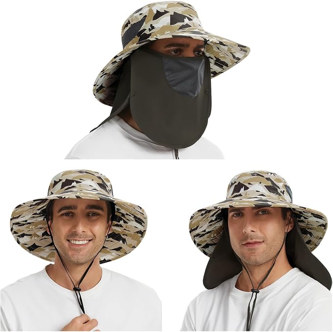 BASSDASH UPF 50+ Breathable Sun Hat with Removable Face Cover and Neck Flap Wide Brim Bucket Hat for Fishing Hiking Men Women
