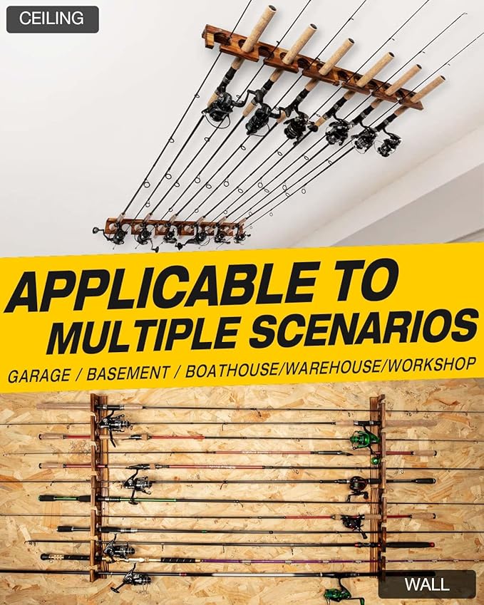 Ghosthorn Holds Up to 12 Rods Fishing Pole Rod Racks Wall or Ceiling Mounted Fishing Pole Rod Holders for Garage Storage Organizer Fishing Gear Equipment for Men Women