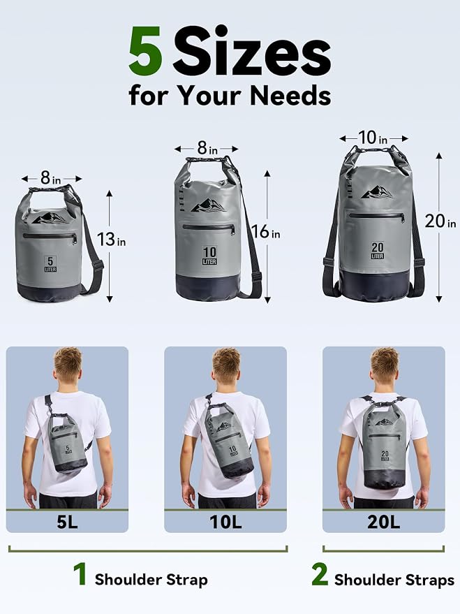 HEETA Waterproof Dry Bag with Front Zippered Pocket for Women Men, 5L/10L/20L/30L/40L Roll Top Lightweight Dry Storage Bag Backpack for Travel, Kayaking, Boating, Rafting, Camping, Hiking & Beach