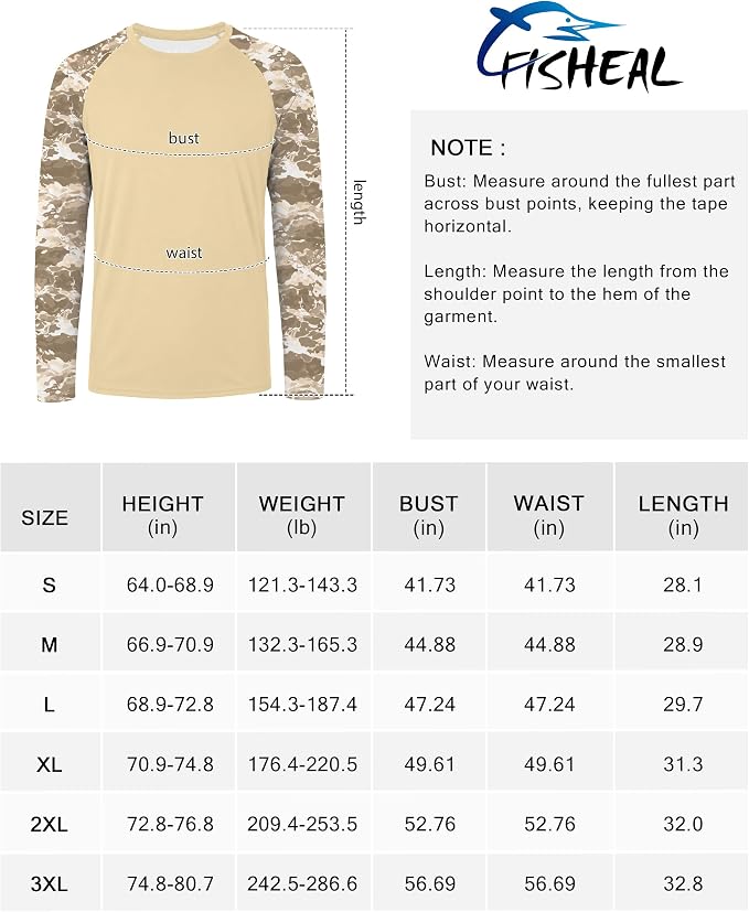 FISHEAL Men's Long Sleeve Fishing Shirts, UPF 50+ Camo Sun Protection Rash Guard, UV Shirt for Swimming Hunting Outdoor