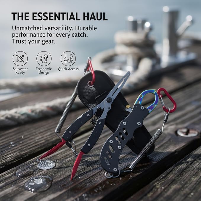Fishing Multitool, 6.5 in, with Hook Remover Pliers, Aluminum Lip Gripper, Double Blade Cutter, Finish, Split Loop, Crimping Feature, Steel Lanyard, Oxford Bag