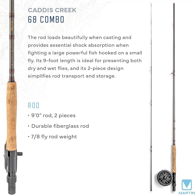 Martin Caddis Creek Fly Fishing Rod and Reel Combo, 9-Foot 2-Piece Fiberglass Rod, Moderate Fast Action, Single Action Fly Reel, Aluminum Frame and Spool, Interchangeable Retrieve, Brown