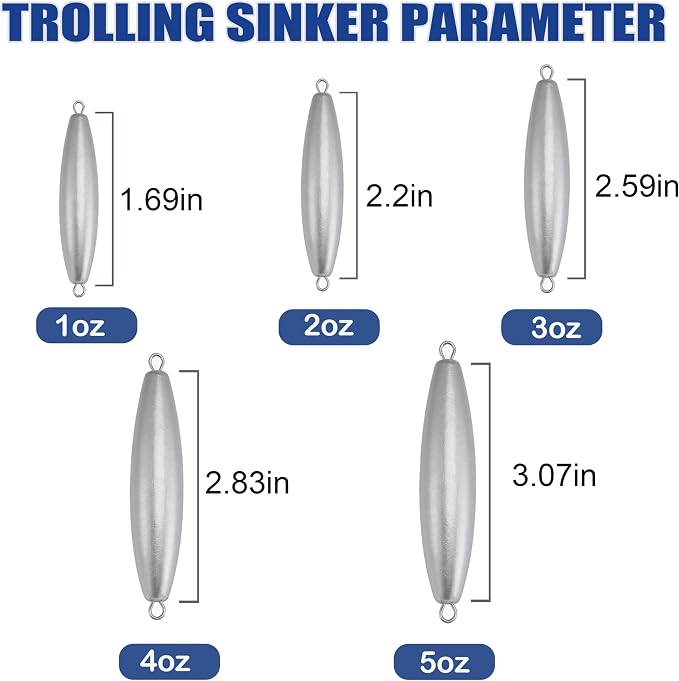 Trolling Weights Inline Fishing Weights Sinkers Double Ringed Weights for Saltwater Freshwater Fishing Get Lures Deeper 1oz to 5oz