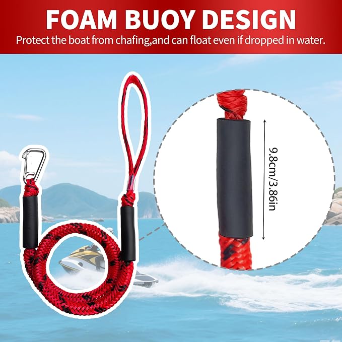 Bungee Dock Line with Stainless Steel Clip – Boat Dock Rope with Foam Float for Kayak, Canoe, Pontoon, Watercraft, SeaDoo, Docking – 4–5.5 ft, 2 Pack（Red&Black）