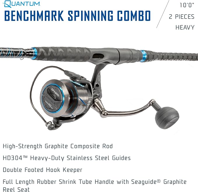 Quantum Benchmark Spinning Reel and Fishing Rod Combo, Graphite Composite Blank, 5+1 Bearings, Silver/Blue