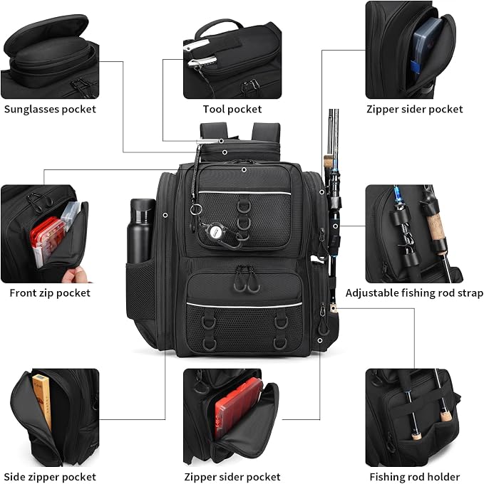 WANOON Fishing Backpack, fishing bag with Rod Holders. Large tackle Backpack Strong Materials