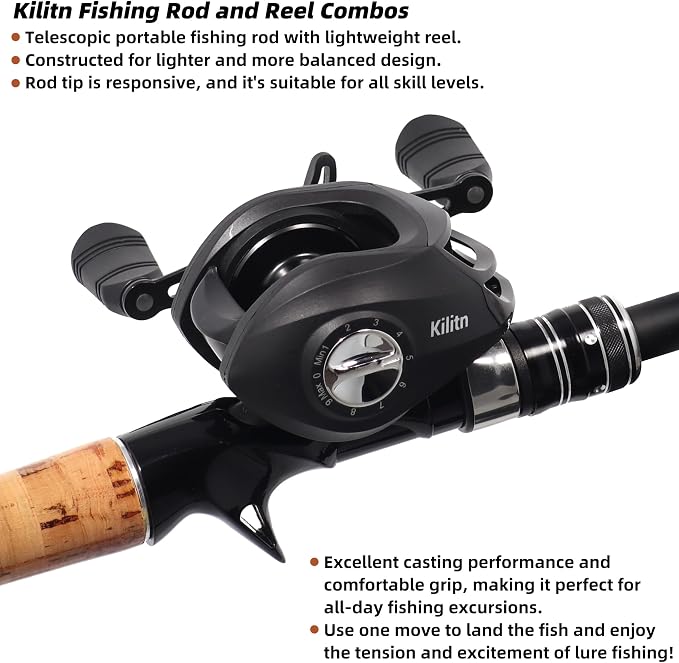 Kilitn Fishing Rod and Reel Combo, Ultra-Light Baitcasting Combo Baitcast Reel Durable Fiberglass Telescopic Rod with Comfortable Handle for Freshwater or Saltwater Fishing