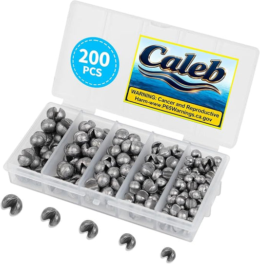 Caleb 200/320Pcs Split Shot Fishing Weights Sinkers, Removable Lead Fishing Weights, Premium Duckbill Reusable Fishing Sinkers for Freshwater Saltwater Bass Trout Fishing Accessories - 5/6 Sizes