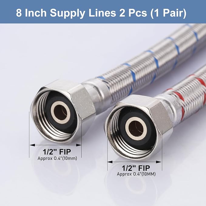 ARCORA 8-Inch Length Faucet Hose Connector Braided Stainless Steel cUPC Supply Lines 1/2-Inch FIP x 1/2-Inch FIP Sink Hose Replacement 1 Pair