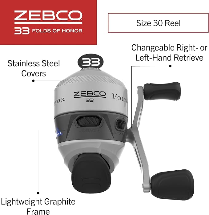 Zebco 33 Folds of Honor Spincast Reel and 2-Piece Fishing Rod Combo, 6-Foot Fiberglass Rod, Quickset Anti-Reverse Fishing Reel with Bite Alert, 1 Dollar Donated to Folds of Honor Foundation,Grey/Black