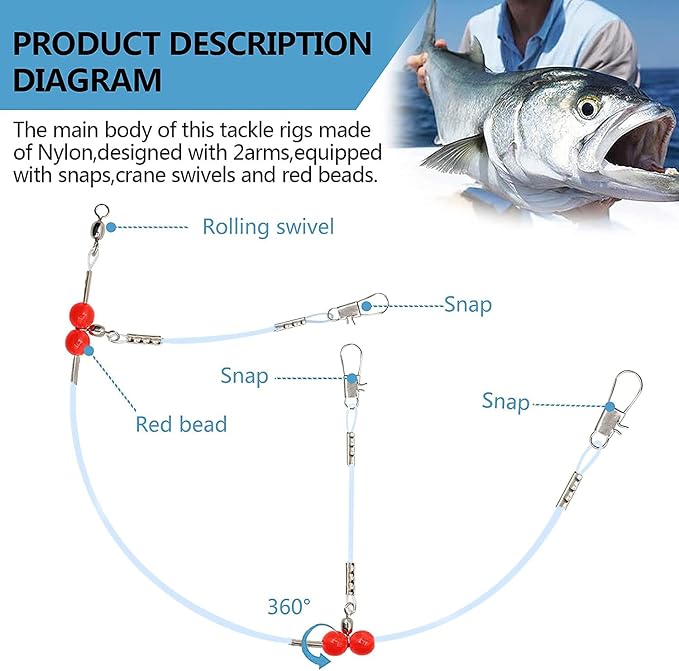 YOTO Fishing Leaders,Saltwater Tackle Rig with Swivels Snap, High-Strength Fishing Wire Gear Equipment for Lures Bait Or Hooks,1Arm and 2Arm