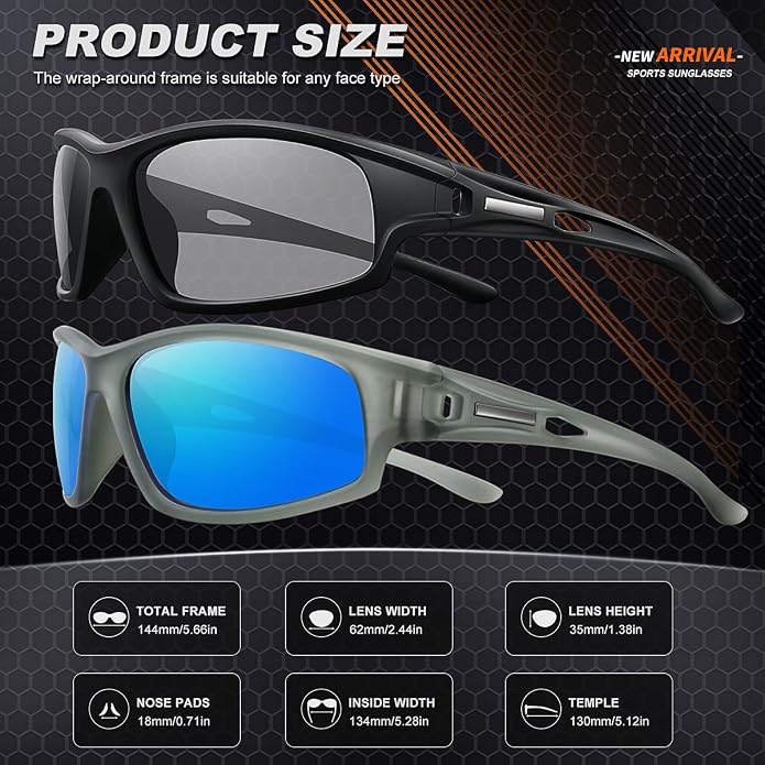 Polarized Sports Sunglasses for Men 100% UV Protection Wrap Around Unbreakable Sun Glasses for Fishing Driving