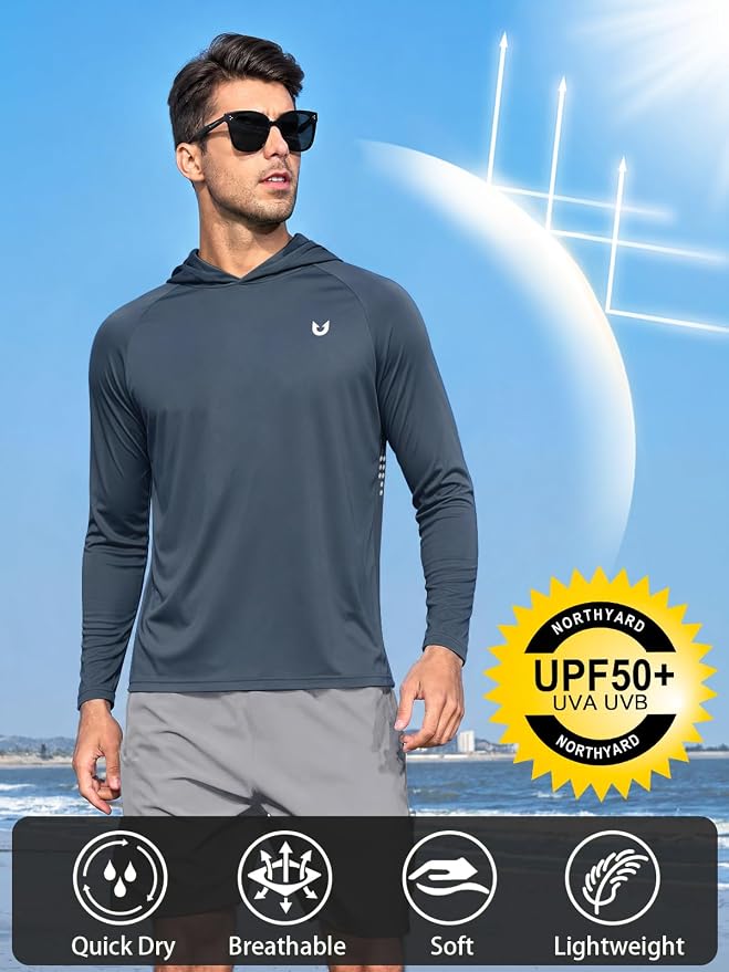 NORTHYARD Men's UPF 50+ Rash Guard Hoodie Long Sleeve Sun Protection Shirt Fishing Swim Beach Hiking Quick Dry Lightweight