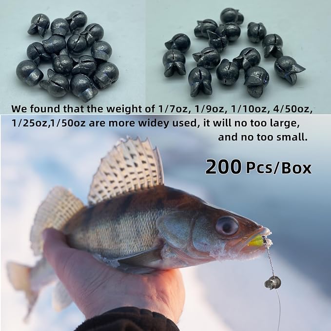 200Pcs/Box Big Size Removable Split Shot Fishing Sinkers(1/7oz,1/9oz,1/10oz,4/50oz,1/25oz,1/50oz Mixed)，Adjust Open Mouth Design Fishing Weights Clip for Freshwater Saltwater