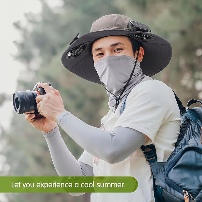Syhood Solar Powered Fan Hat Neck Gaiter Arm Sleeves Sun Bucket Hat with Fan Cooling Wide Brim Hats for Fishing Hiking