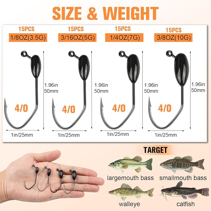 Dovesun Tube Jig Heds, 15pcs Tube Bait Fishing Jigs 3X Strong 3/0 4/0 Bass Hooks for Crappie, Trout, Bass Fishing 1/8oz 3/16oz 1/4oz 3/8oz Tube Jigs Kit for Freshwater Saltwater