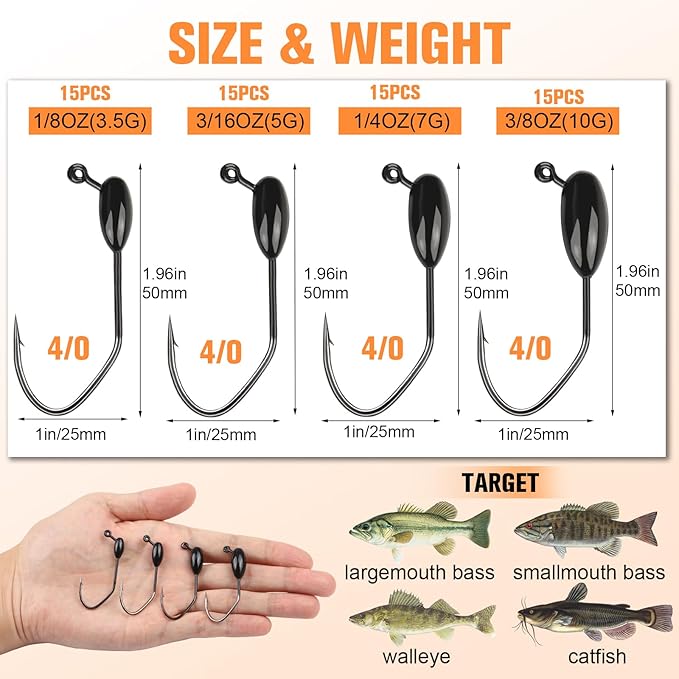 Dovesun Tube Jig Heds, 15pcs Tube Bait Fishing Jigs 3X Strong 3/0 4/0 Bass Hooks for Crappie, Trout, Bass Fishing 1/8oz 3/16oz 1/4oz 3/8oz Tube Jigs Kit for Freshwater Saltwater