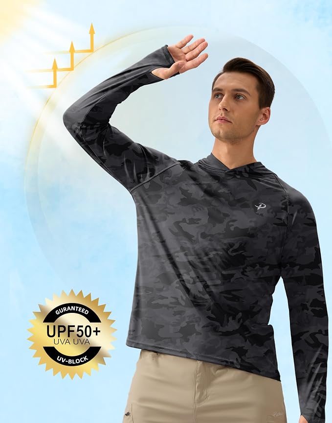 Pudolla Men's Sun Protection Hoodie Shirts UPF 50+ Rash Guard SPF Long Sleeve Fishing Shirt for Men Swim Hiking Boating