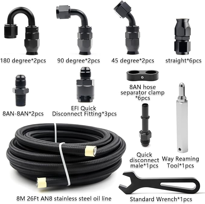 8AN PTFE Fuel Line Kit, 13/32" Nylon Stainless Steel Braided, LS Swap EFI E85 Injection Fuel Hose Fitting AN8 26FT