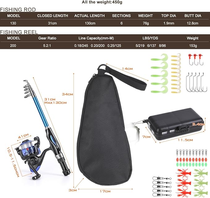 Leo Light Weight Kids Fishing Pole Telescopic Fishing Rod and Reel Combos with Full Kits Lure Case and Carry Bag for Youth Fishing and Beginner 130CM (Rod and Reel Combos with Full Kits and Carry Bag)