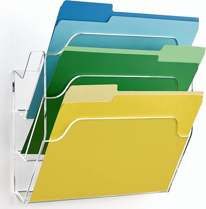 DINGHUO Acrylic Hanging Wall File Organizer for Office, 3 Pockets Wall Mounted Magazine File Holder for Mail Paper Document Organization, No Assembly Required, Hooks Screws Included - 1 Pack