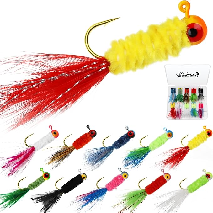 Dovesun Crappie Jigs, Jig Heads with Feather Hand-Tied Marabou Jigs Ice | Fly Fishing Lures 10 Colors 1/32oz 1/16oz 1/8oz Fishing Hair Jigs for Panfish Sunfish Walleye 20-40pcs