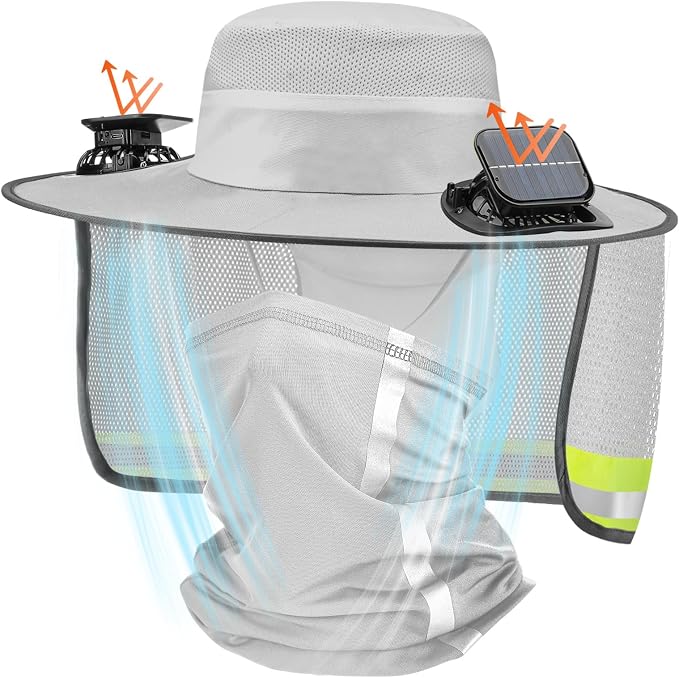 Solar Hat with Fans, Wide Brim Cooling Sun Hat with Removable Dual Fans USB Charging Neck Cover for Outdoor Fishing